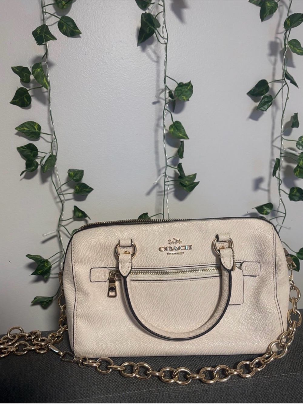 Coach Cream Leather Satchel with Gold Chain Strap